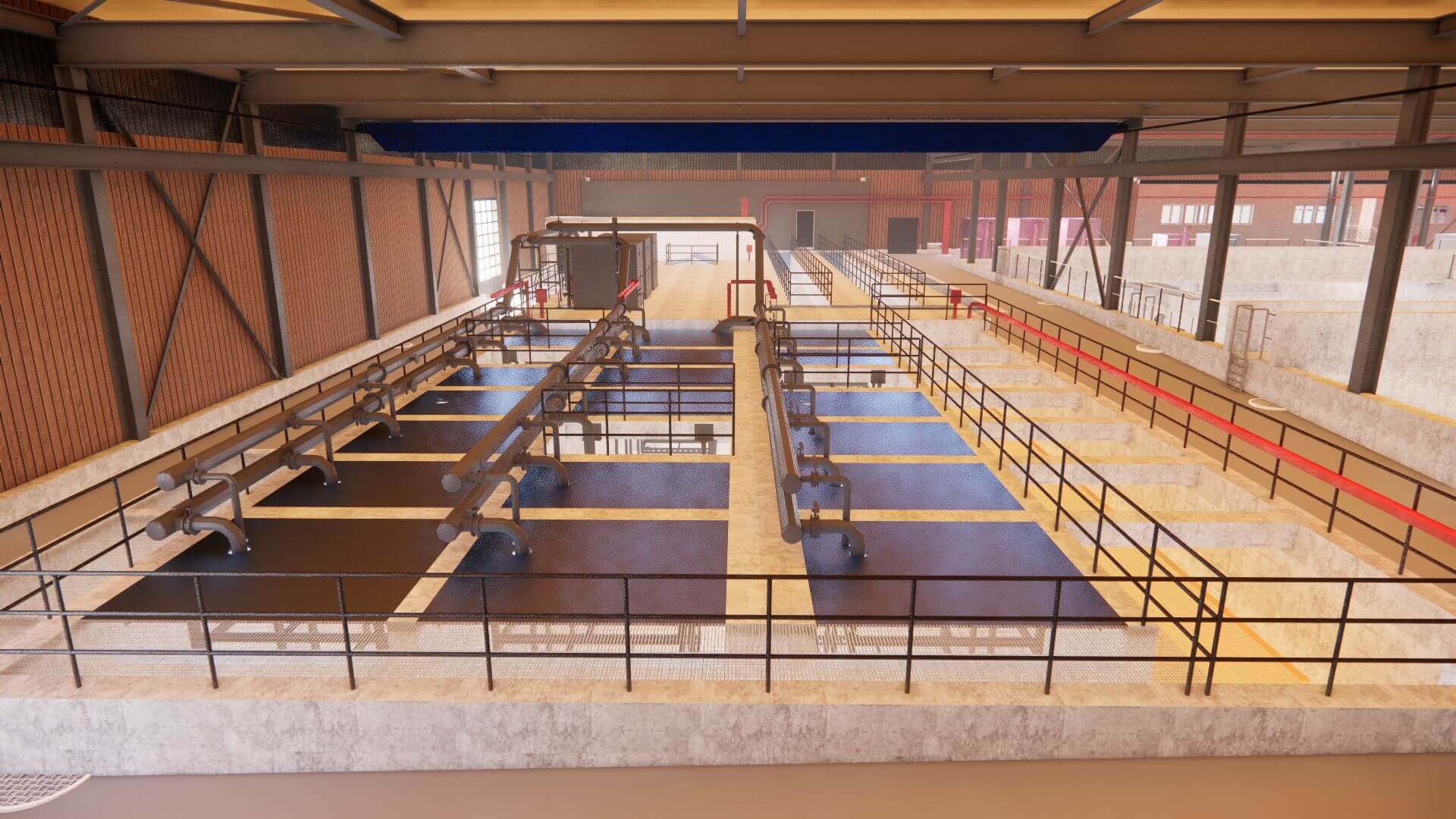 Visualisierte Sicht in neue Wetterschutzhalle über Membranbecken (heutige Nachklärung)